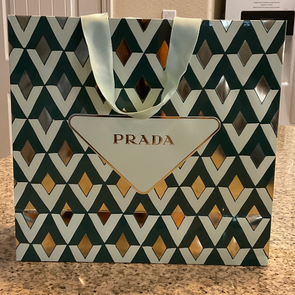 Prada Geometric Gift Bag in Dark Green, Cream & Gold